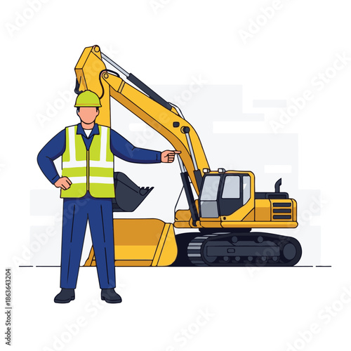 Construction worker with excavator machine.