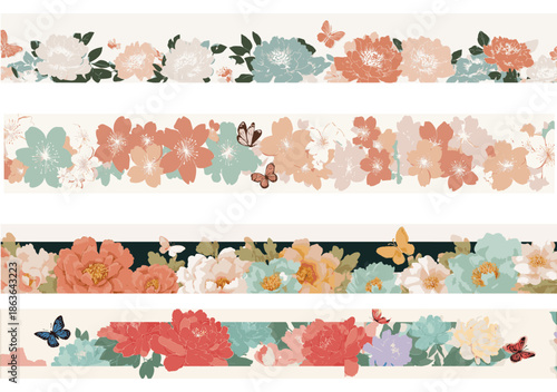Set of seamless spring floral borders featuring cherry blossoms, peonies, and butterflies