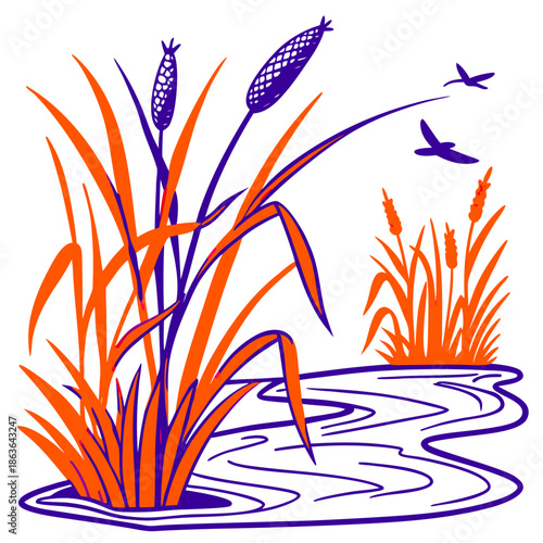 Stylized illustration depicting vibrant orange cattails and reeds growing beside winding purple water with two small dark birds flying above the serene wetland scene
