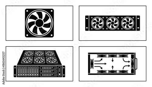 Cooling system diagram showing server rack, fans, and airflow. Data center and computer hardware concept.