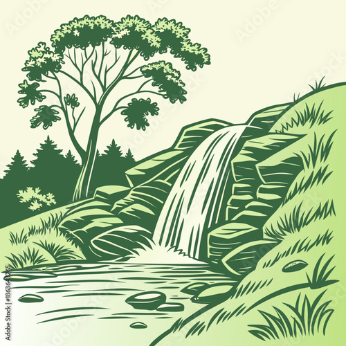 Stylized green illustration depicts a serene natural landscape featuring a cascading waterfall flowing over rocky terrain beside a large tree and surrounding forest elements.