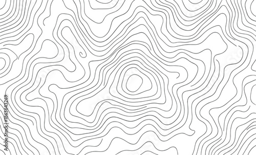 Contour lines representing elevation on a topographic map. Shows variations in terrain on cartographic illustration.