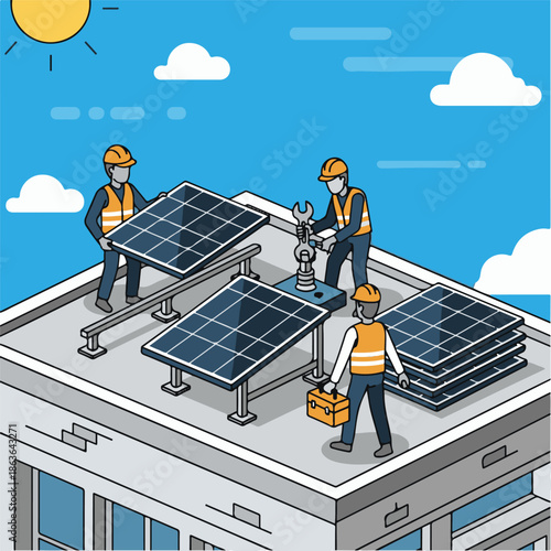 Workers installing solar panels on roof.