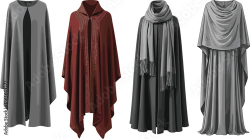 Traditional flowing cloaks and shawls collection vector illustration isolated on white background for medieval fantasy costume fashion design concept artwork