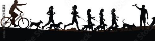 People and dogs silhouettes walking jogging cycling playing outdoors in urban park scene lifestyle leisure activities vector illustration design