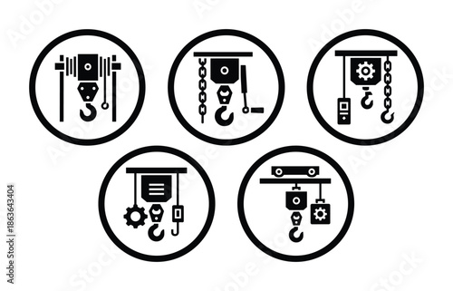 Crane hoist icons vector set in black and white style. Construction, industrial, and mechanical equipment symbols