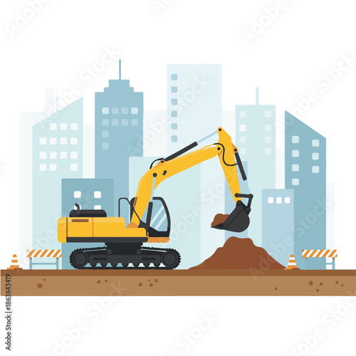 Yellow excavator digging brown dirt pile.