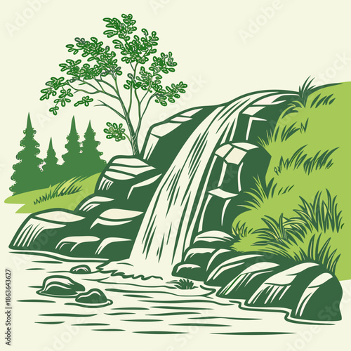 Stylized illustration of a vibrant green forest waterfall cascading over dark rocks into a flowing river surrounded by lush natural elements