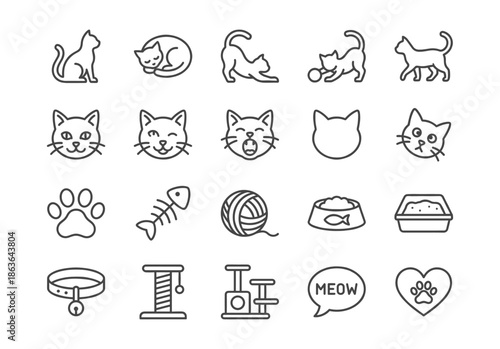 Minimalist 20 cat vector icons set. Monoline outline art with rounded corners. Linear symbols for web, UI/UX, cute pets, animal care, accessories, and playful themes.