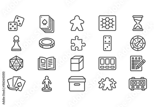 A professional set of 20 minimalist vector icons for board and tabletop games. Monoline linear style with rounded corners in dark grey on white.