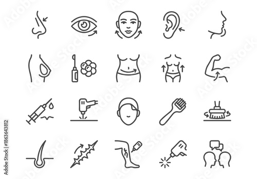 Set of 20 minimalist linear beauty surgery icons. Vector monoline symbols of cosmetic procedures, plastic surgery, and aesthetic medicine on white background.