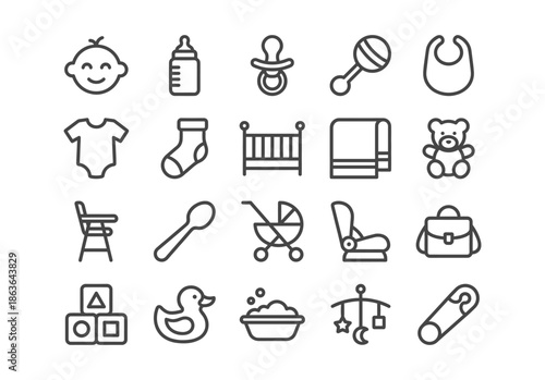 Set of 20 minimalist line icons for baby care. Modern outline symbols including bottle, stroller, crib, and toys arranged in a grid. Clean vector UI design elements.