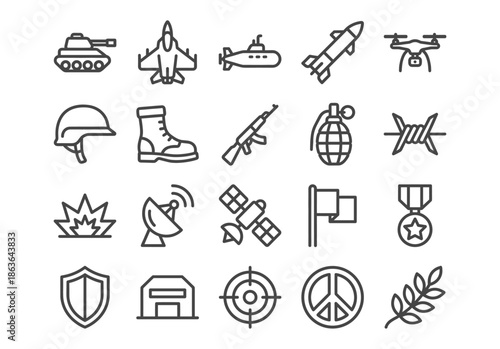 Military and war line icons set. Vector collection of army symbols including tank, weapon, drone, soldier gear, explosion, and peace signs. Simple outline style isolated on white background.