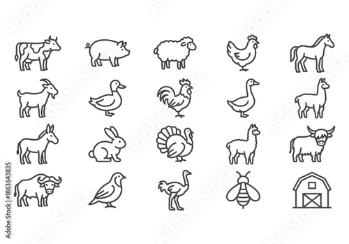 Farm animals vector line icons set. Minimalist agriculture and livestock monoline symbols. Cow, pig, chicken, horse, sheep in modern simple style for UI UX design.
