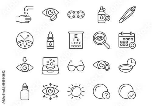 Vector line icon set for contact lens care and eye health. Includes symbols for lenses, cleaning, solution, eye exam, and vision. Simple black outline design.