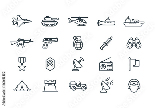 Set of 20 military and army line icons. Vector illustration of tank, weapon, soldier, war equipment, and vehicles isolated on white background.