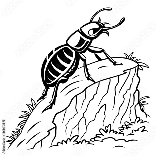 Stylized black and white illustration depicting a fierce stag beetle perched prominently atop a jagged natural rock formation surrounded by small tufts of grass.