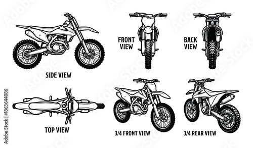 Detailed dirt bike vector illustration featuring front, side, top, and 3/4 front and rear views in black and white.