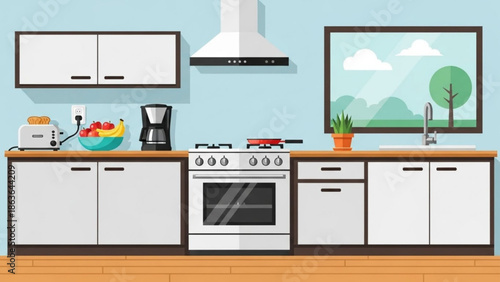 Kitchen Interior Vector Banner Flat Style Modern Illustration