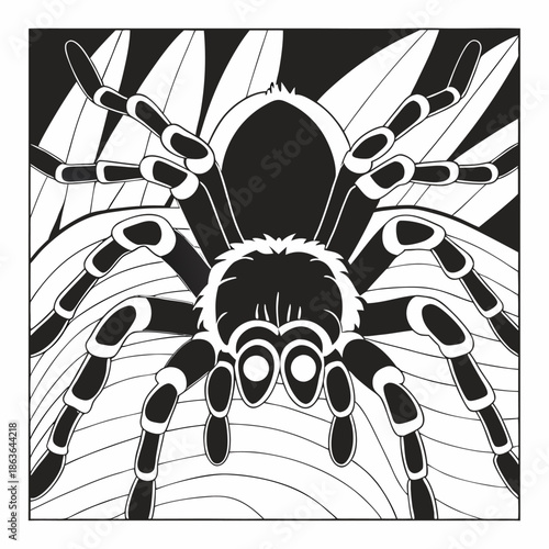 Black and white bold illustration of a large hairy tarantula spider ready for coloring against a graphic striped background design.