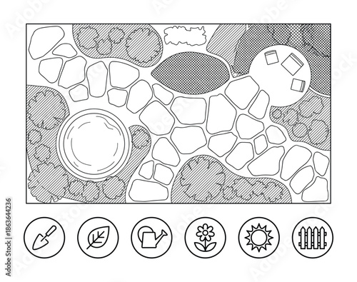 Detailed garden design plan illustration with stone pathway, seating area, water feature, and planting beds.