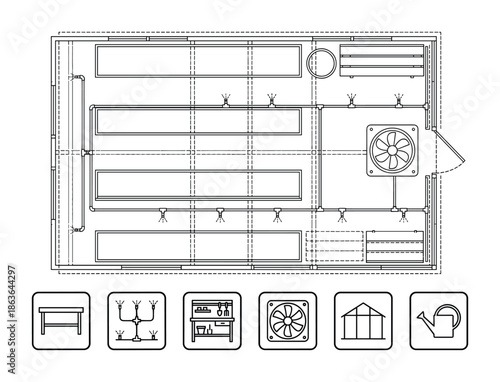 Detailed greenhouse floor plan featuring growing beds, sprinkler system and ventilation fan with door schematic.