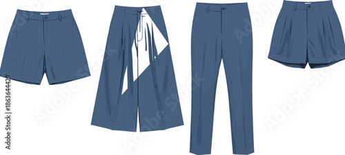 Women tailored pants and shorts collection flat vector illustration isolated on white background for fashion apparel design mockup templates set