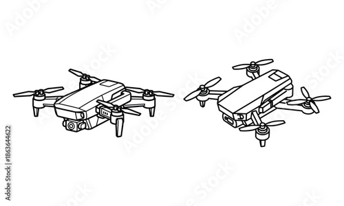 Clean line art drone technology icons set featuring foldable quadcopters with cameras and propellers for modern tech visualization