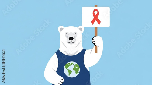 Polar Bear Holding Red Ribbon Sign for World AIDS Day on Blue Background