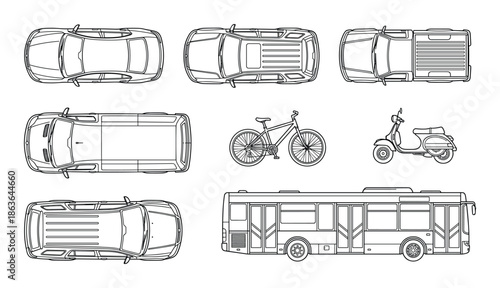 Detailed outline drawing of various vehicle types. Includes car, van, truck, bicycle, bus, and scooter, various angles.