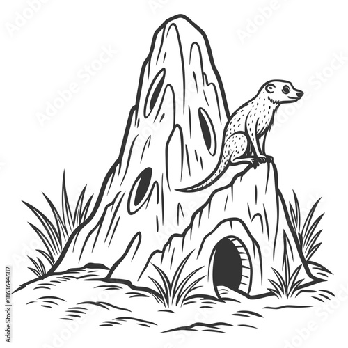 Cartoon style black and white illustration of a vigilant meerkat standing guard atop its earthen burrow in the savanna landscape