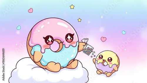 Cute animated planet characters celebrating with sparkling drink and cheerful expressions in a dreamy starry atmosphere