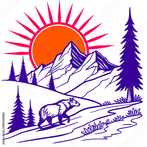 Striking vector illustration depicts a bold grizzly bear walking through a rugged mountain landscape under a vibrant stylized sun with deep purple forest elements
