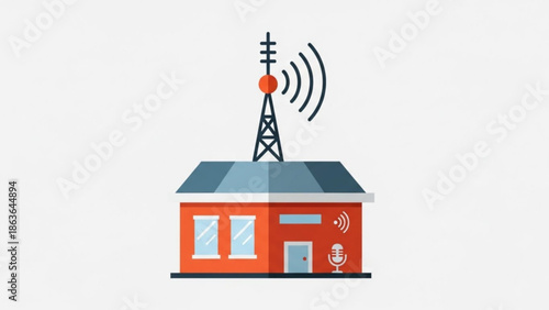 Cell Tower on Red Building with Signal Waves Isolated on White Background