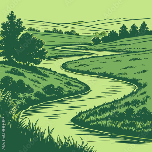 Vintage green woodcut style illustration depicts a serene winding river flowing through lush rolling countryside hills under a light sky.