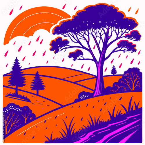 Striking stylized landscape illustration depicts a vibrant scene featuring a large purple tree under an orange sky while pink raindrops fall upon rolling hills.