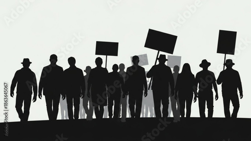 Protesters Marching with Blank Signs on White Background Silhouette