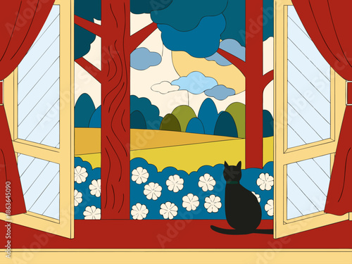 Cat Watching Landscape Through Window, Illustration, Retro Style