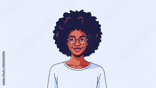 Smiling Black Woman with Curly Hair and Glasses Isolated on White Background