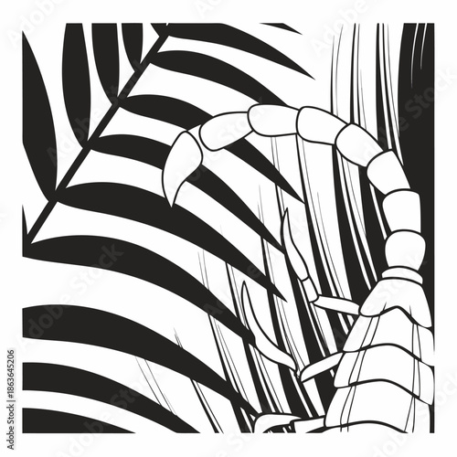 Minimalist black and white graphic illustration featuring a stylized scorpion tail curving dynamically among bold tropical jungle leaf silhouettes creating striking contrast