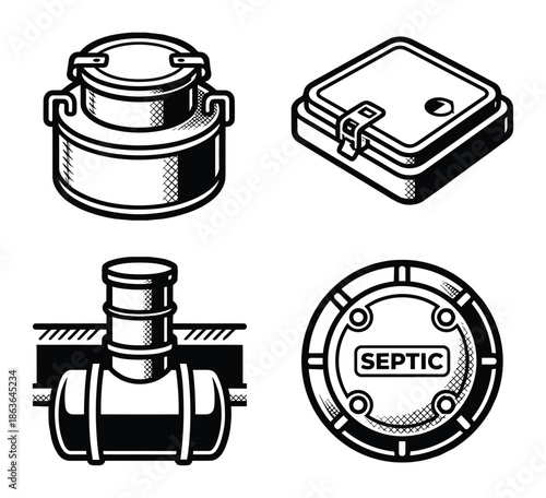 Detailed vector set of septic system components: tank, lid, pipe, and cover. Ideal for plumbing and construction designs.