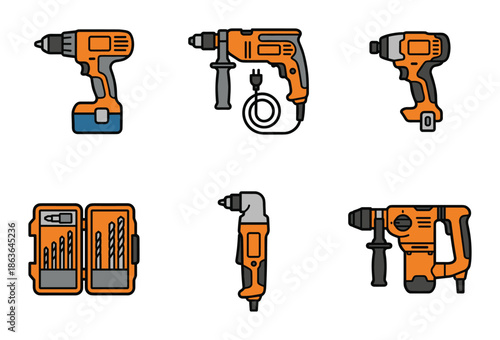 Detailed vector set of orange and gray power tools and drills with black outlines on a white background.