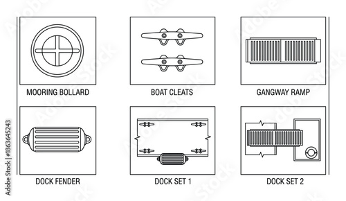 Detailed vector set showcasing various boat dock accessories like mooring bollard, cleats, gangway ramp, and dock fender.