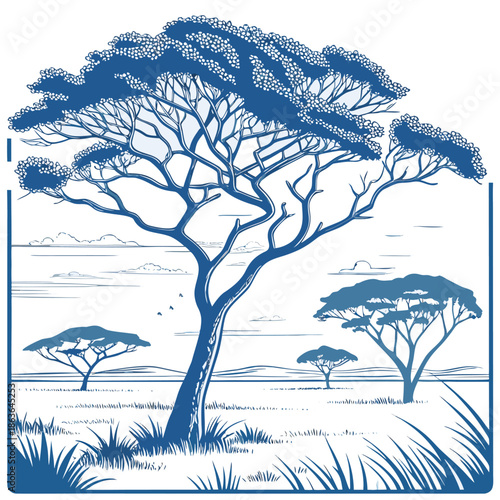 Striking blue monochrome illustration depicting a solitary acacia tree dominating a vast African savanna landscape under an open sky with distant clouds.