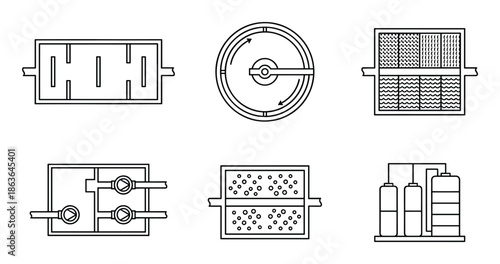 Diagrams of wastewater treatment plant stages. Engineering line art illustration. Water and sewage purification process.