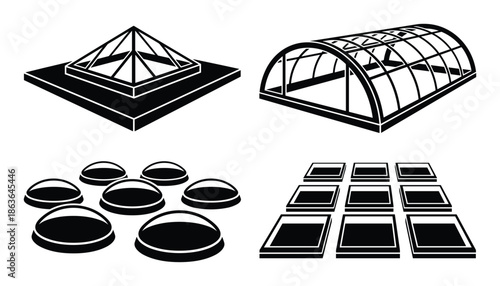 Different skylight styles vector art. Pyramid, dome, arched and square skylight types isolated design set.