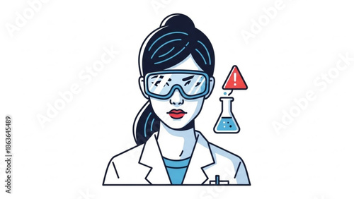 Female Scientist Wearing Lab Goggles and Lab Coat with Erlenmeyer Flask and Conical Flask