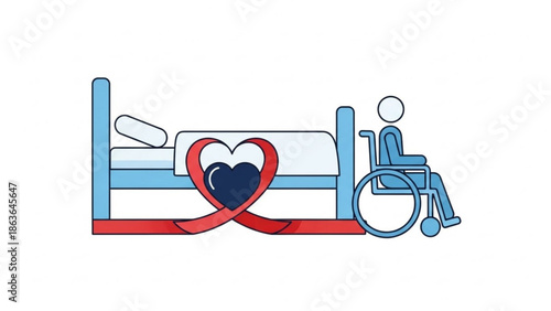 Disabled Person in Wheelchair Visiting Patient in Hospital Bed with Heart Symbol