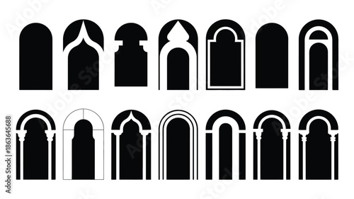 Collection of islamic arches and window designs in black and white