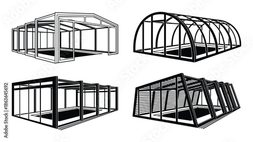 Diverse greenhouse frameworks vector set. Agriculture structures outline. Gardening building constructions illustration.